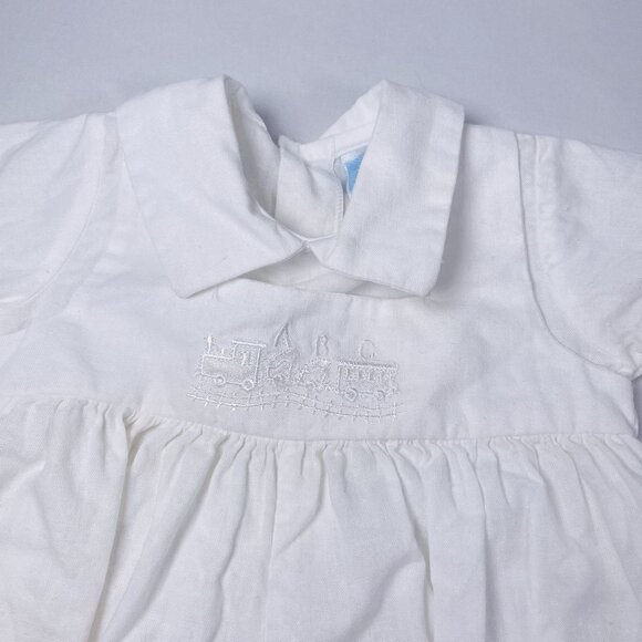 Vintage Baby Boy White Train Embroidered Bubble Shortalls Romper Outfit NB / 3m - Picture 3 of 11